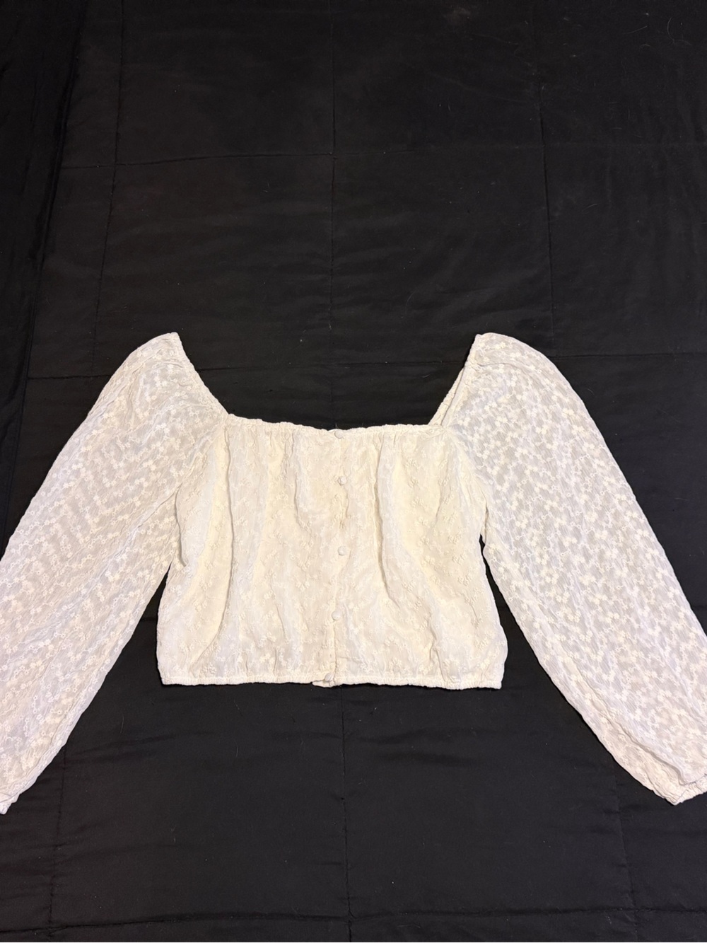 White Lace Puff-Sleeve Square-Neck Crop Top